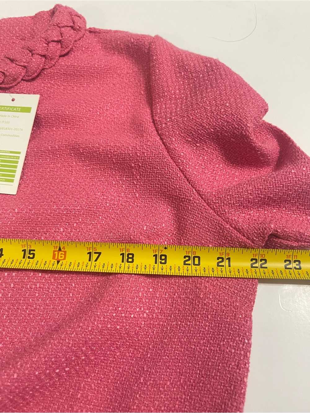 Pink Tweed Jackie Dress Large Braided Trim Mini Shift Gold Button - Picture 8 of 9